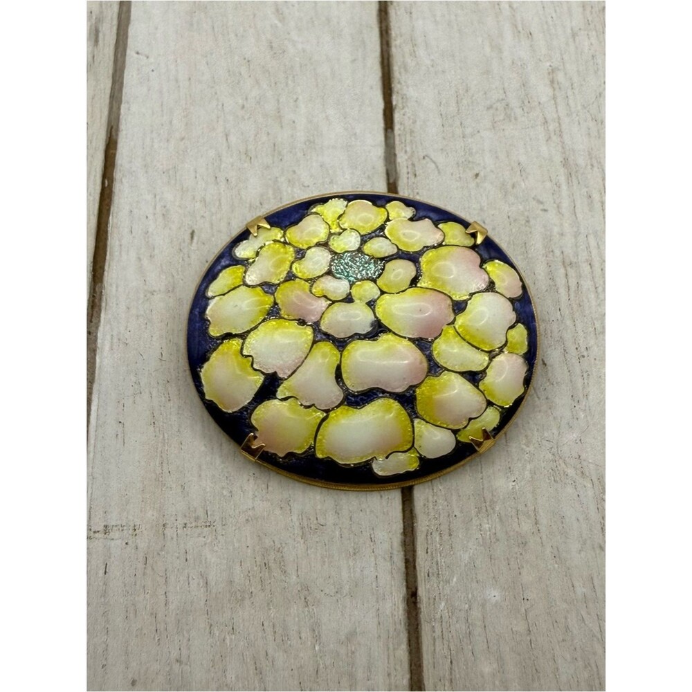 Vintage Enamel Floral Bubble Brooch in Navy, Yellow, and Pearl